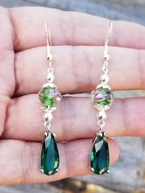 Sterling Silver Lampwork Glass Beaded Emerald Dangle Earrings